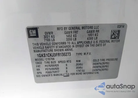 2015 GMC Yukon Denali z USA, uszkodzony, nr VIN 1GKS1CKJ3FR136273